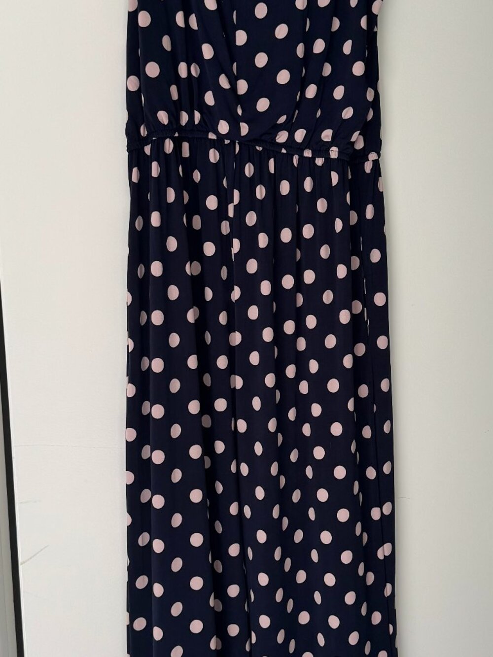 Enforce jumpsuit, NWT navy with pale pink large polka dots, sleeveless, size 14